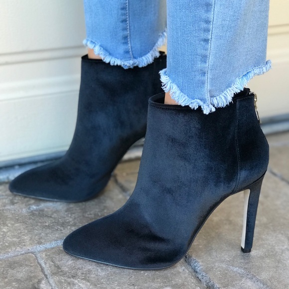 Black Velvet Pointy Toe Stiletto Heel Ankle Boots - Picture 2 of 8